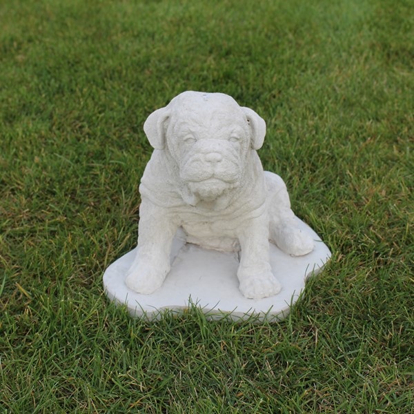 A larger sized Pug dog sitting on a base.  His face has the typical scrunched up look of the breed. 